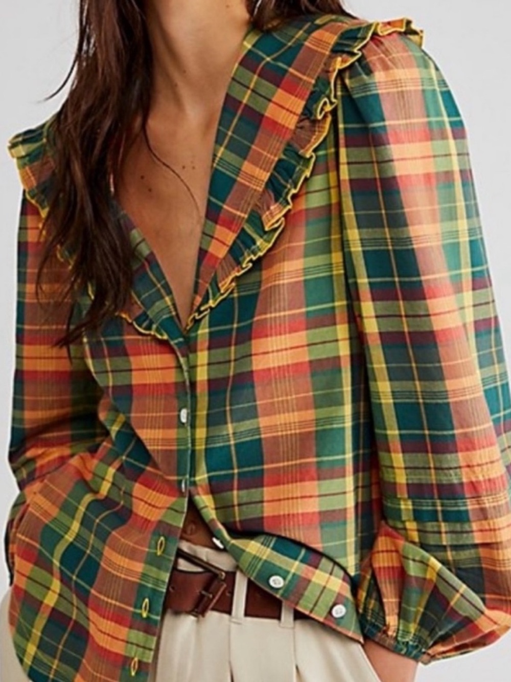 NWOT Free People Molly Plaid Ruffle Blouse XS Prairie Cottagecore Top